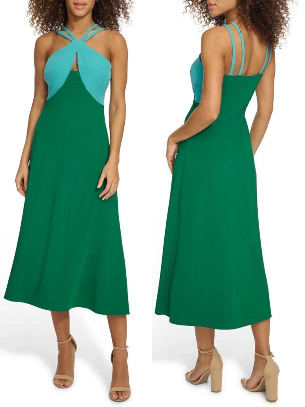 NEW SIENNA Aqua Green STRAPPY Colorblocked KEYHOLE CUTOUT A-line MIDI DRESS 4